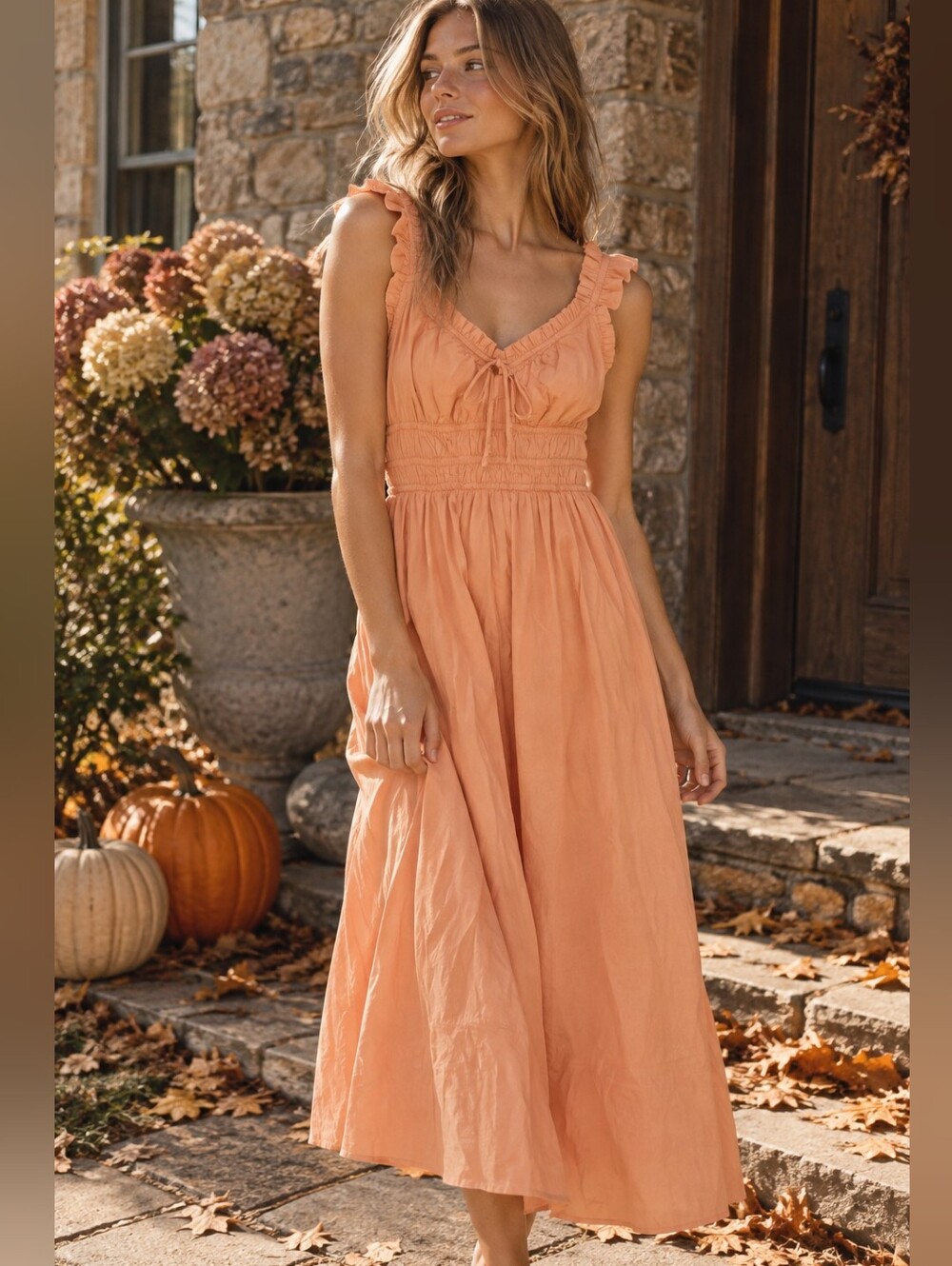 Old Navy Orange Peach Ruching 100% Cotton Midi Dress